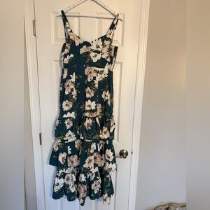Abercrombie maxi dress! Teal green floral, wedding guest tiered dress.